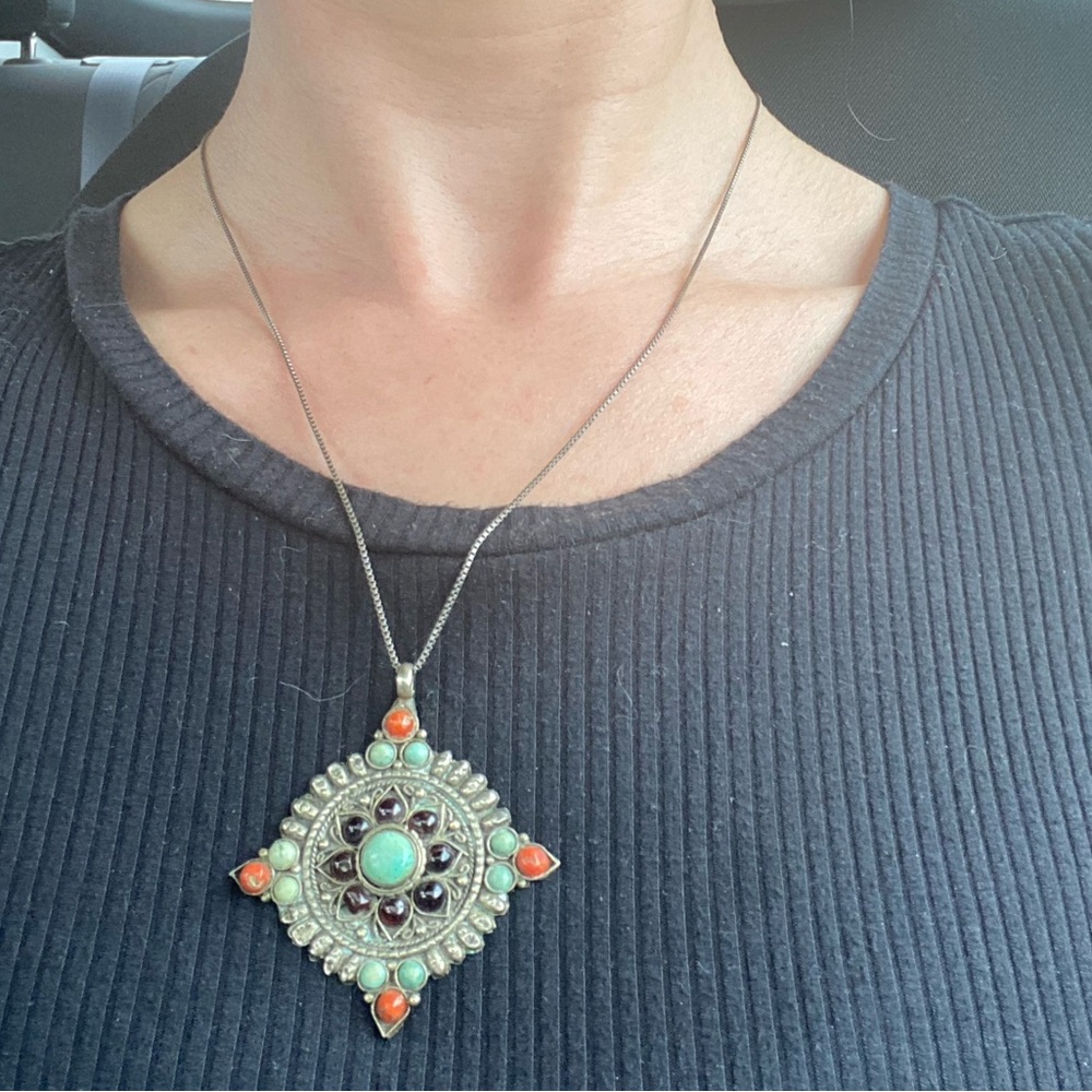 Four point north star, mandala, flower pendant. Turquoise and other gemstones